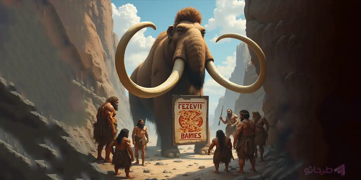 a mammoth while a poster advertising pizza and fastfood